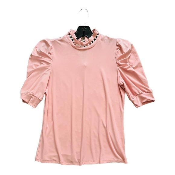 AUW pastel pink top S short ruched sleeves turtleneck faux pearl detail buttons - Picture 5 of 12